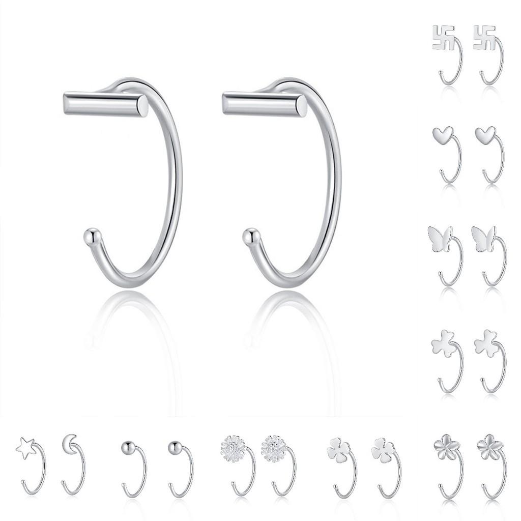 Earrings Silver Women Heart Flower Star Moon Butterfly Shape Stud Decoration