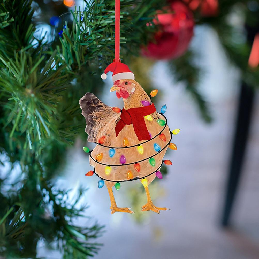 Christmas Scarf Chicken Pendant Cute Xmas Tree Hanging Wooden Chicken Rooster Pendant Indoor