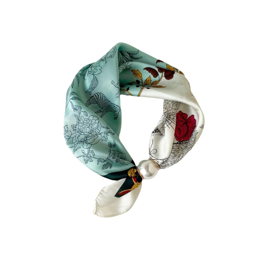 Breathable Silk Scarf Lightweight Printed Neck Scarf Elegant Pearl Buckle Scarf Women