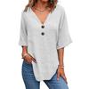 Women Summer Tops V-Neck Half Sleeve Casual Solid Color Tee Shirt Buttons Decor Loose Fit Mid-length Blouse