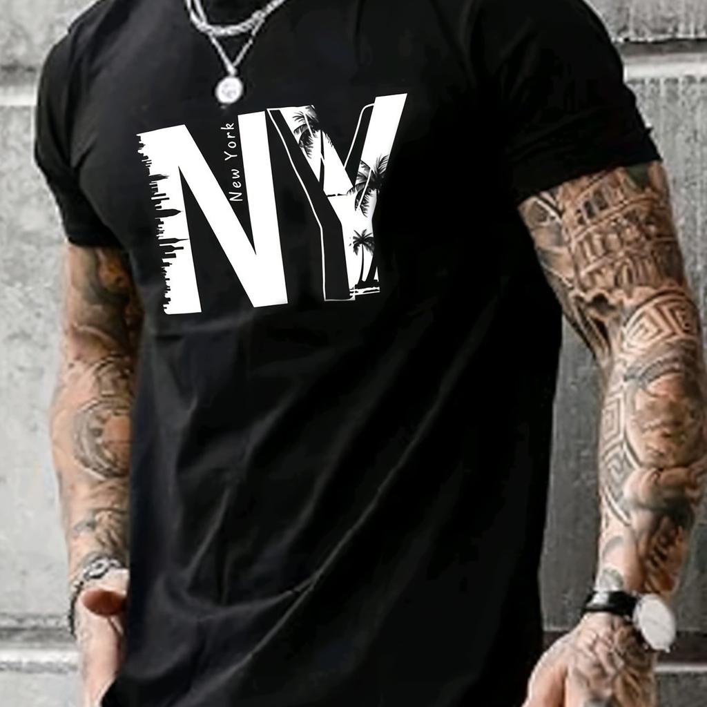 Summer Men's 100% Pure Cotton Casual Loose Plus Size NY Letter Printed Sports Comfortable Round Neck Short Sleeved T-shirt Top