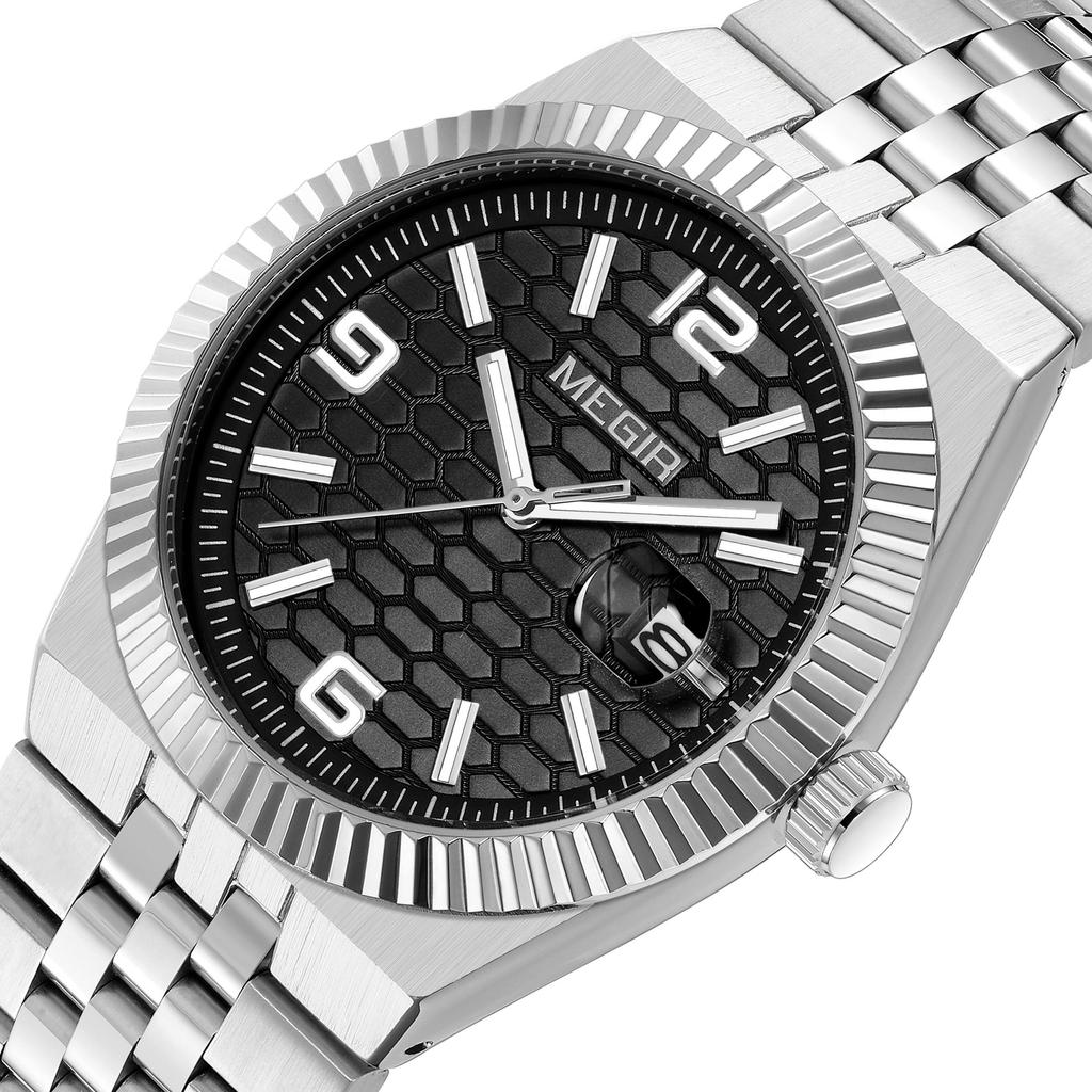 Megir Часы мужские наручные с большим циферблатом, деловые, для отдыха, из нержавеющей стали, водонепроницаемые, люминесцентные, с автодатой, подарок для мужчин, Reloj Hombre 1101