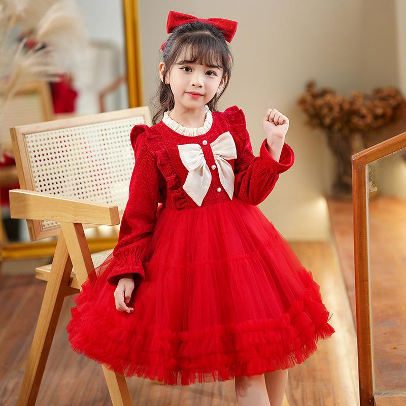 Рождественские платья для девочек, осенне-зимнее бархатное дворцовое сетчатое пышное платье принцессы, темпераментное элегантное праздничное платье, одежда для выступлений