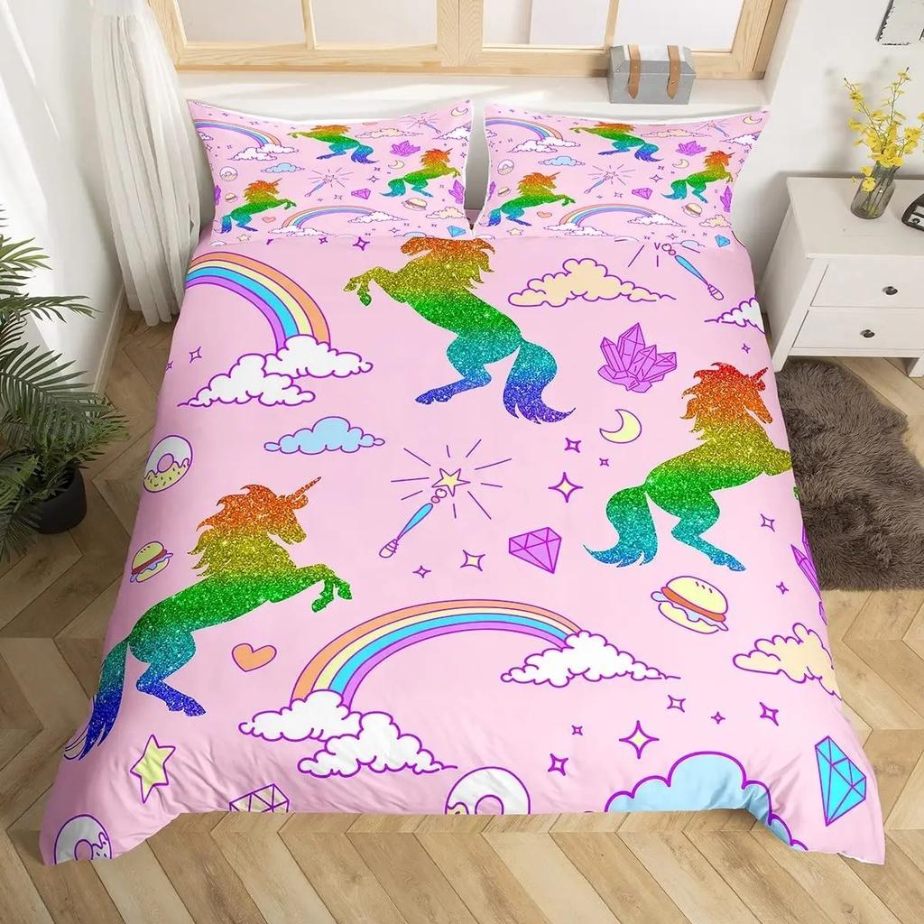 Милый комплект постельного белья с единорогом Односпальный Полуторный Двуспальный Квинсайз Кингсайз Полиэстер Спальня Пододеяльник Взрослый Детский Одеяло Покрывало Комплект