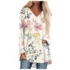 Женская осенне-зимняя повседневная длинная свободная футболка с длинными рукавами и v-образным вырезом с цветочным принтом