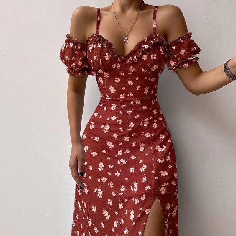 Summer Elegant Off Shoulder Floral Print Slim Dress Sexy Sling Ruffle Strapless Slit Party Dress Women V Neck Long Dress 21764