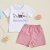 Toddler Boy Birthday Clothes Letter Animal Print Short Sleeves Round Neck Tops with Plaid Shorts 2 Pcs Outfit