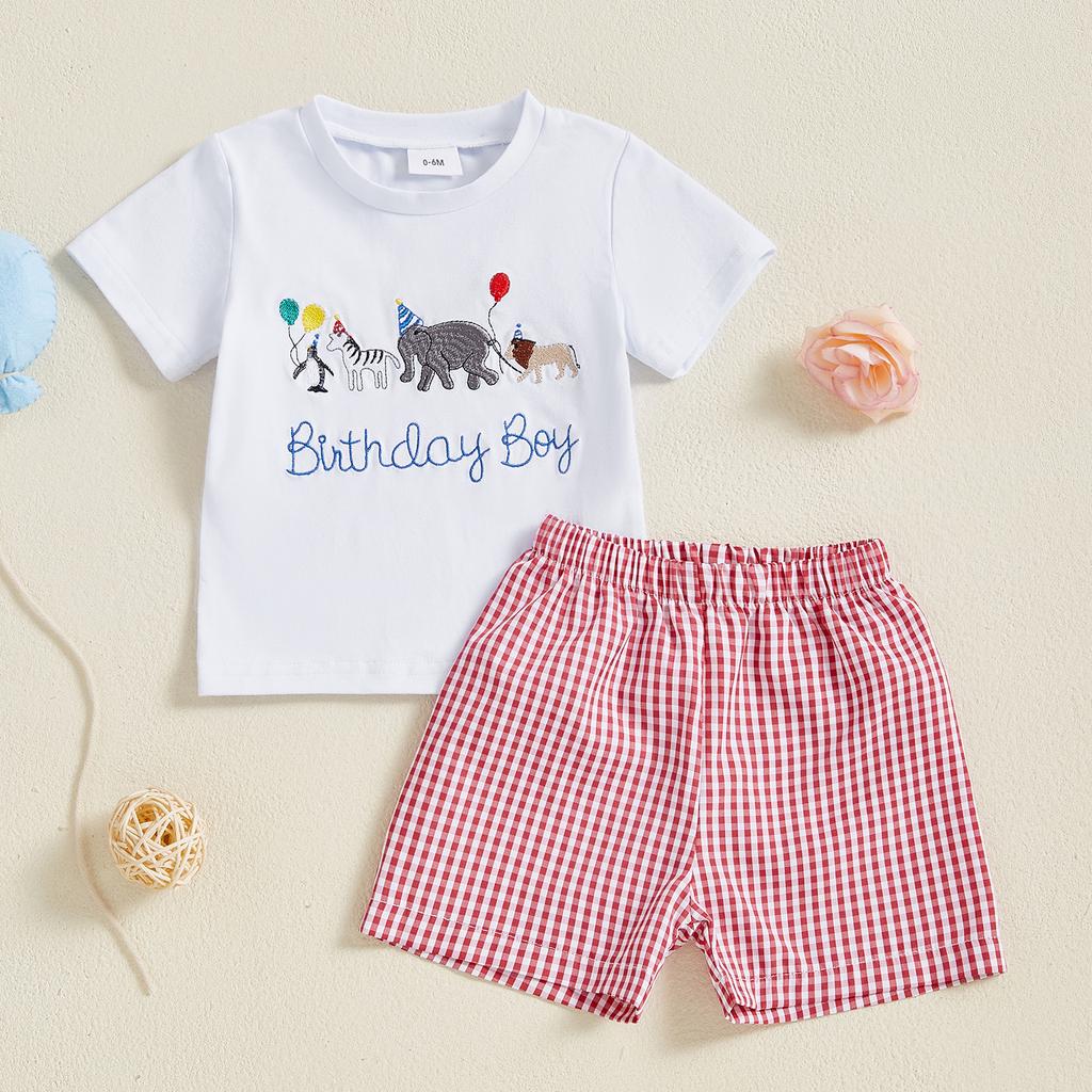 Toddler Boy Birthday Clothes Letter Animal Print Short Sleeves Round Neck Tops with Plaid Shorts 2 Pcs Outfit