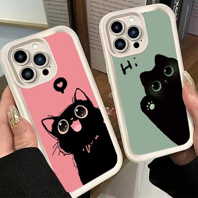Чехол для телефона iPhone 17 Air 16E 15 16 Pro Max Черный Кот Мультяшный Милый Чехол 14 Plus 13 12 Mini Мягкий Силиконовый Fundas