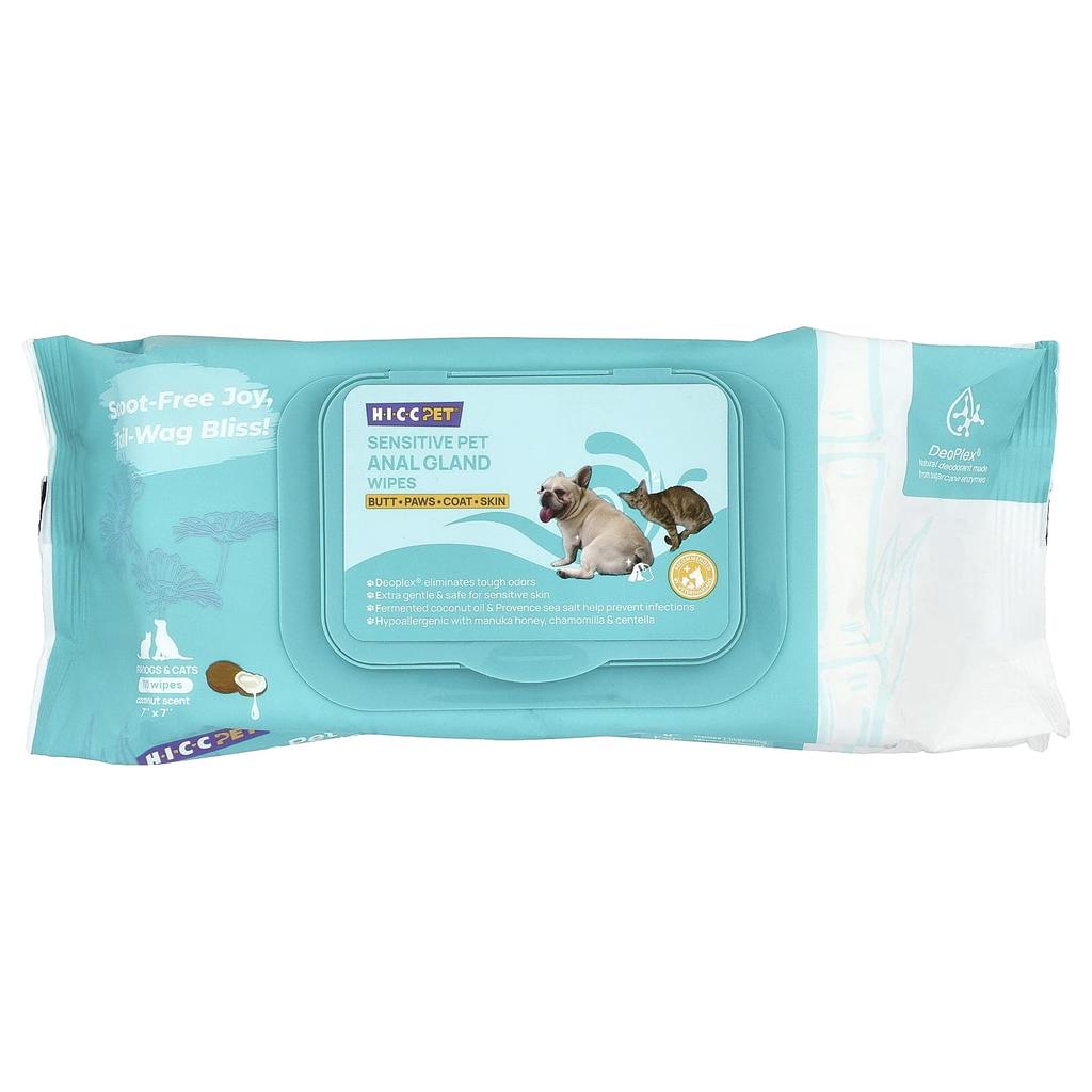 HICC Pet, Sensitive Pet Anal Line Wipes, for Dogs and Cats, Coconut, 100 Sheets