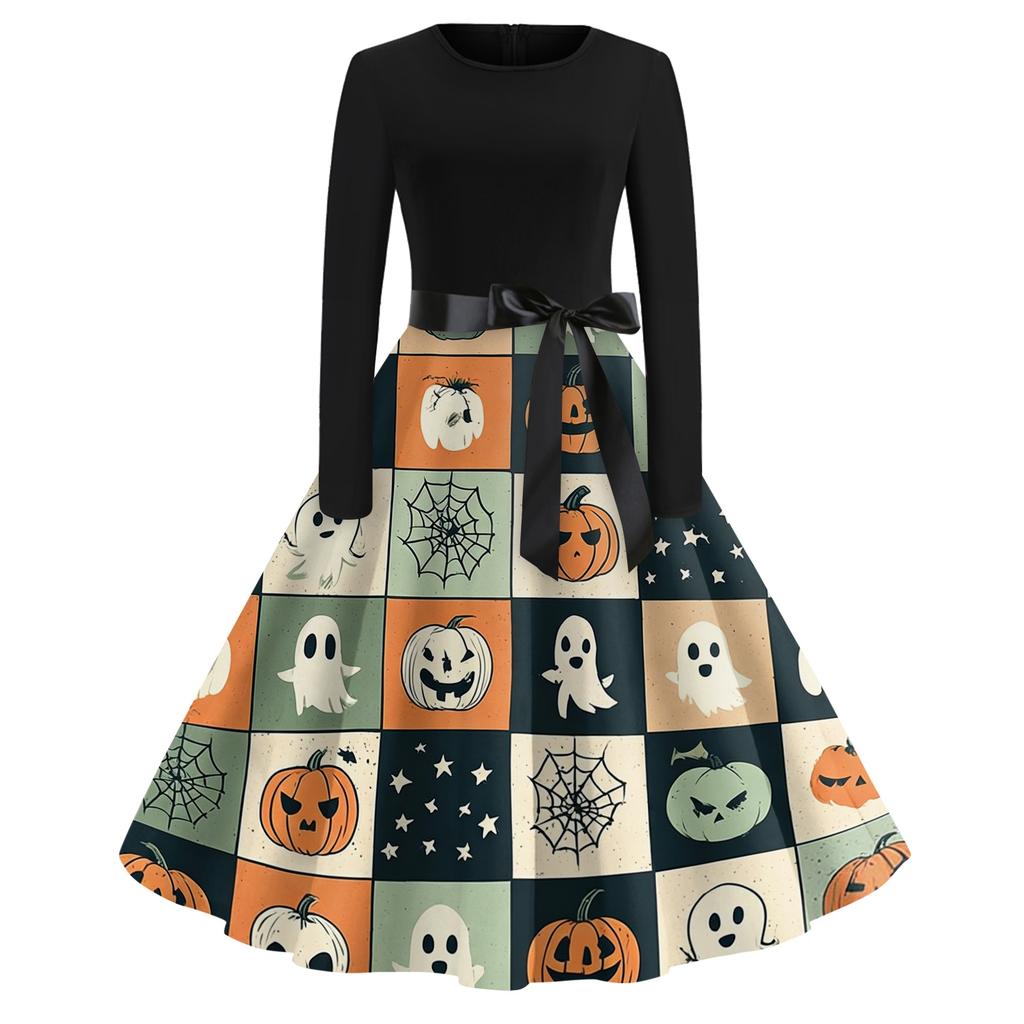 Women's Casual Halloween Print Dress Long Sleeve Round Neck Vintage Style Midi Dress with Waist Tie for Seasonal Occasion