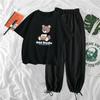 Модный повседневный спортивный костюм с коротким рукавом «Маленький медвежонок», женские повседневные широкие брюки, летний свободный спортивный костюм из двух частей