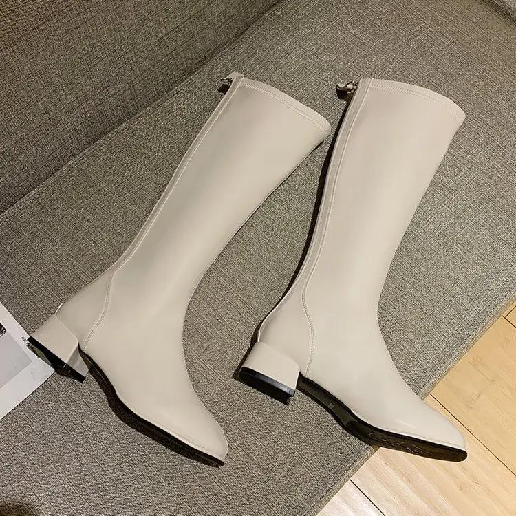 Осень/Зима Новые кожаные длинные сапоги-трубы с молнией сзади Высокие сапоги-трубы на толстом каблуке Модные сапоги на низком каблуке для женщин