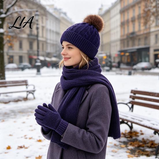 Fashionable Cold Weather Clothing Sets Winter Hat Scarf Gloves Set, Knitted Pom Warm Thermal Cute for Women Gloves, Solid Color Cozy Knit Accessories