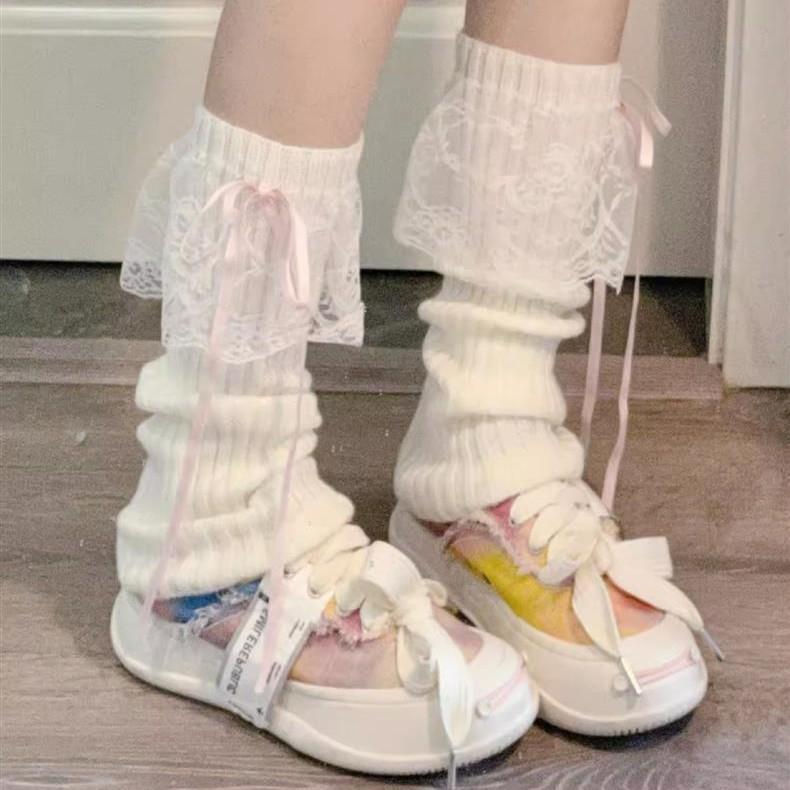 Ladies Autumn New Warm Thermal Storage Lace Knitted Ribbon Bow In The Tube Pile Stocking