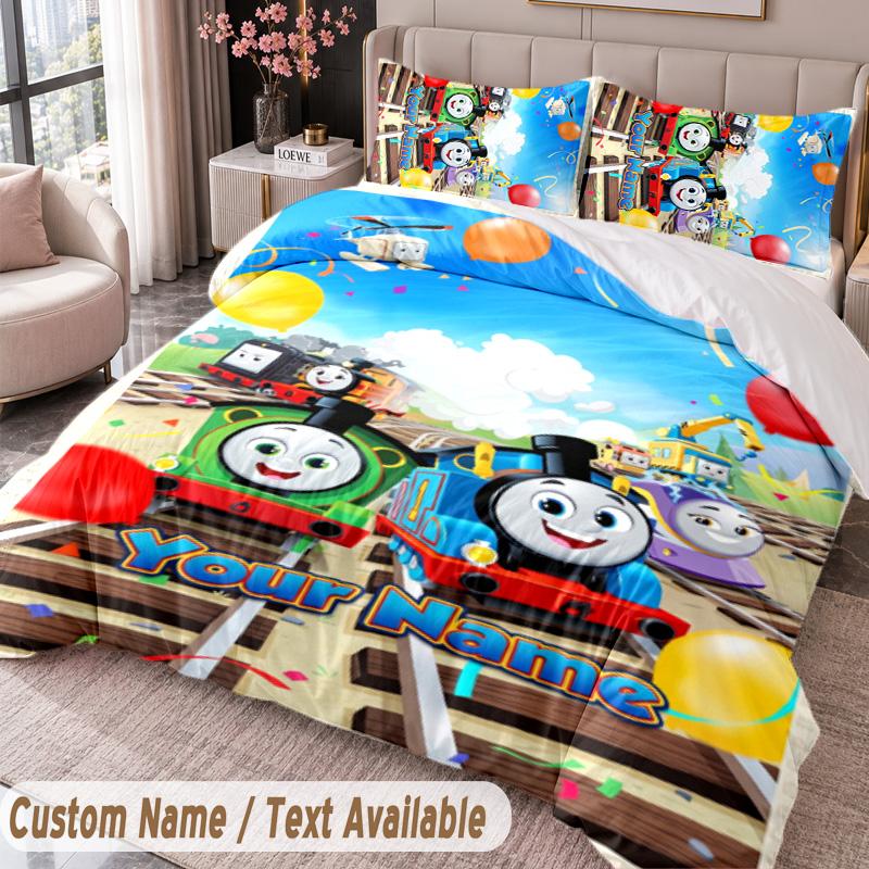Custom Name Text 3Pcs Bedding Set Thomas & Friends Duvet Cover And Two Pillowcases