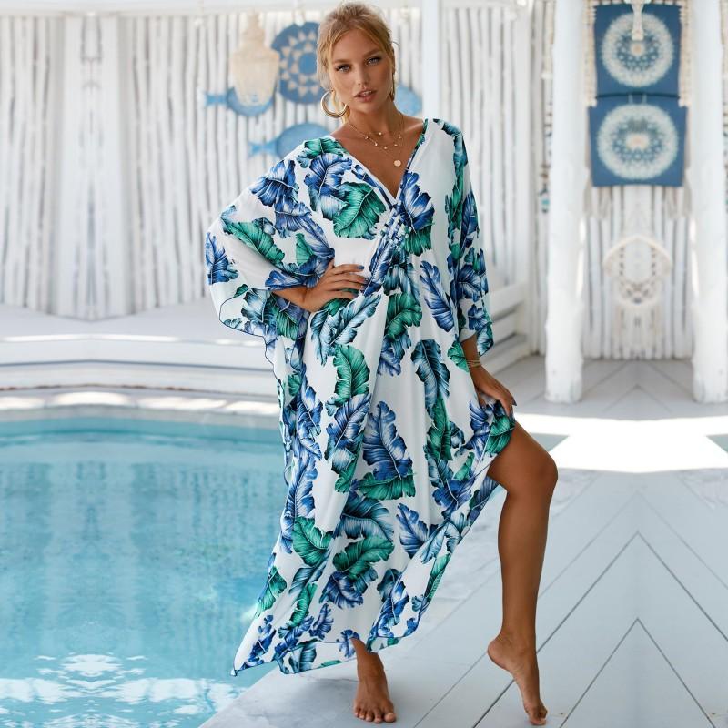 EDOLYNSA Red Tie-dye Printed Bikini Cover-up Swimsuit Robe Casual V-neck Side Slit Summer Beach Skirt Women's Beachwear Swimsuit Cover-up Q1297