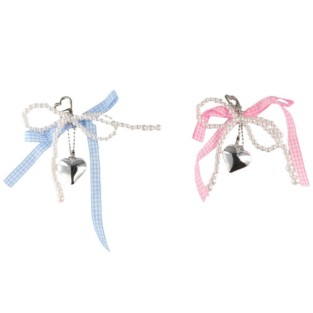 Pearl Plaid Ribbon Bow Key Chain Bag Pendant Phone Pendant Kawaii Balletcore Keychain  Bag Hanging