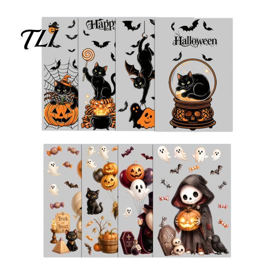 Outdoor Balcony Scene Setting 4Pcs Halloween Cartoon Window Clings, Pumpkin Ghost Scarecrow Stickers, Decorative Glass Decals for Party