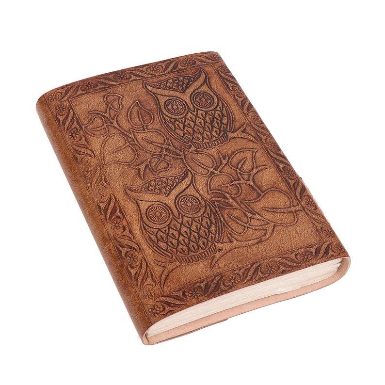 Owl Embossed Leather Notebook with Lock Off White Handmade Unlined Paper Diary 5x7 Inches for Men and Women and Gift & Travel In Brown Color