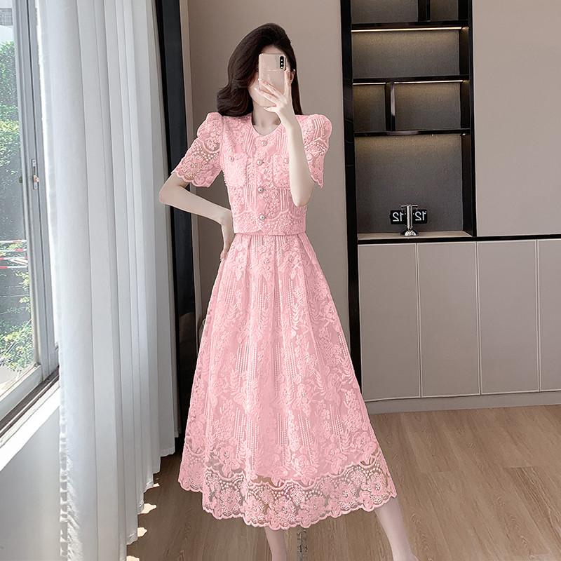 Элегантные женские летние кружевные костюмы, милая однотонная рубашка с цветочной вышивкой, топы, комплект из двух предметов, юбка миди, женская одежда