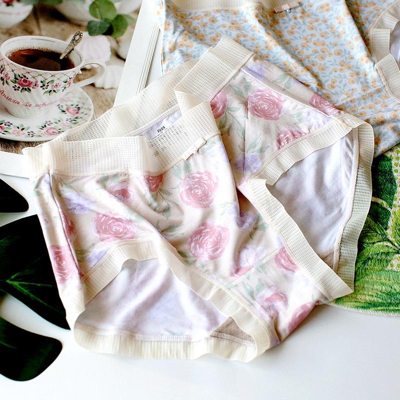 Floral Panties Breathable Underwear Mid Waist Women's Triangle Pants Comfortable Briefs Soft Lace Trim Bottoms