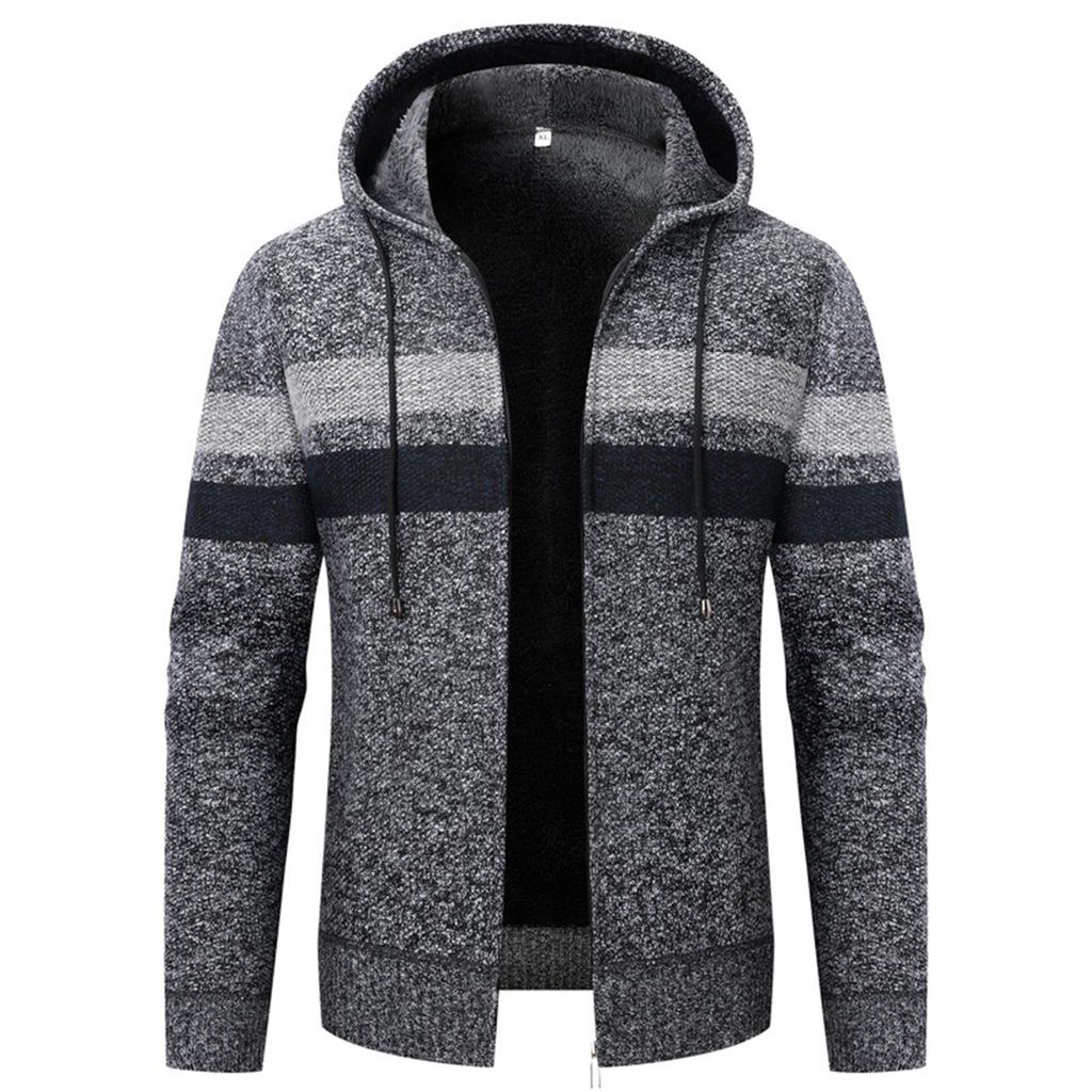 Мужской кардиган с капюшоном, полосатый, плюшевый, утолщенный, с длинным рукавом, теплый вязаный свитер