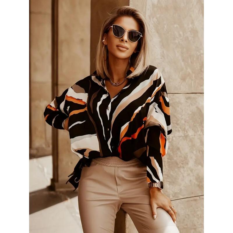 Color Block Button Front Shirt, Casual Long Sleeve Shirt For Spring & Fall, Women's Clothing