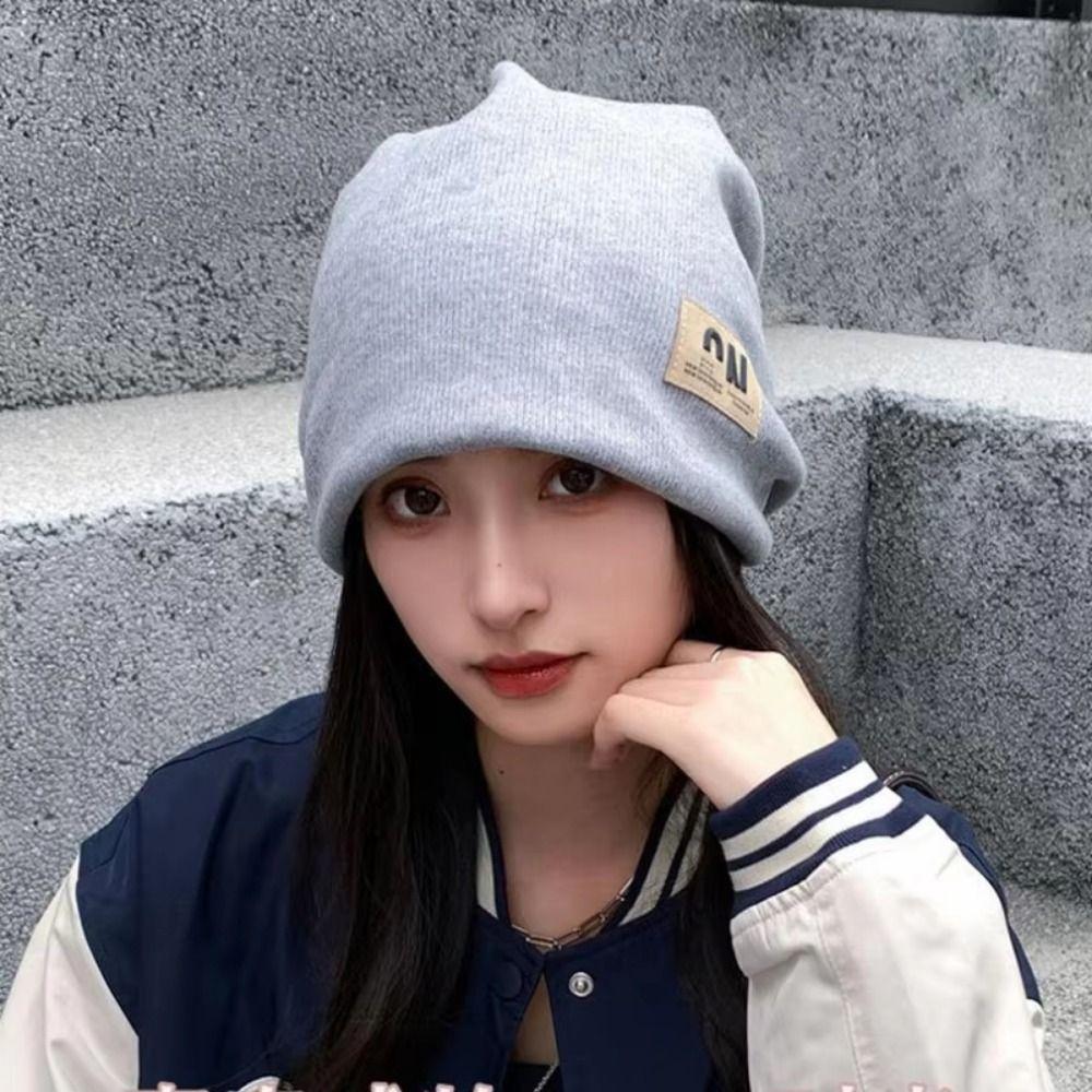 Thickened Plush Beanies Hats Coldproof Letter Pullover Hats Solid Color Warm Cap Outdoor