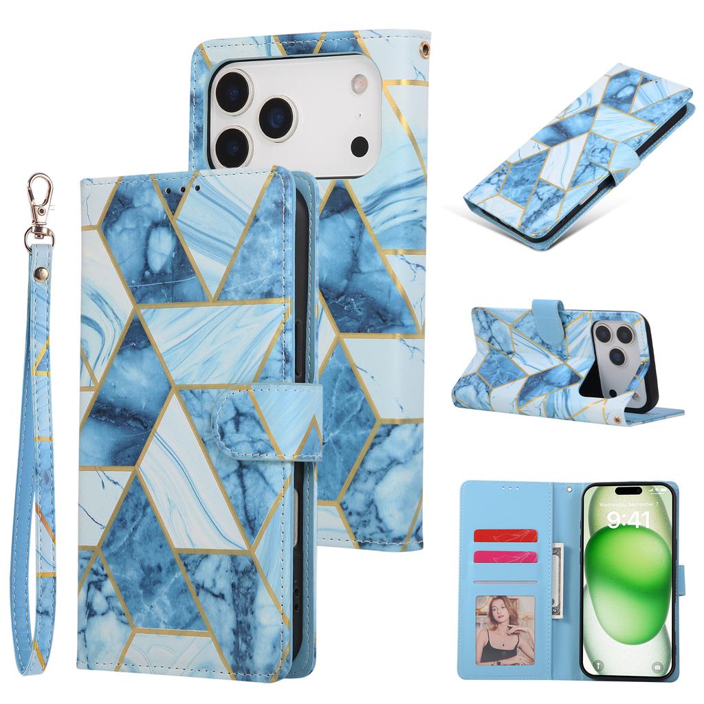 For iPhone 17 Pro Max Case Lacquered Marble Pattern Leather Phone Cover with Wrist Strap