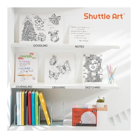 Shuttle Art Набор из 15 гелевых ручек с пастельным градиентом, тонкий стержень 0,5 мм, черные чернила, плавное письмо, быстросохнущие, без кислоты, гелевые ручки с сертификатом AP для