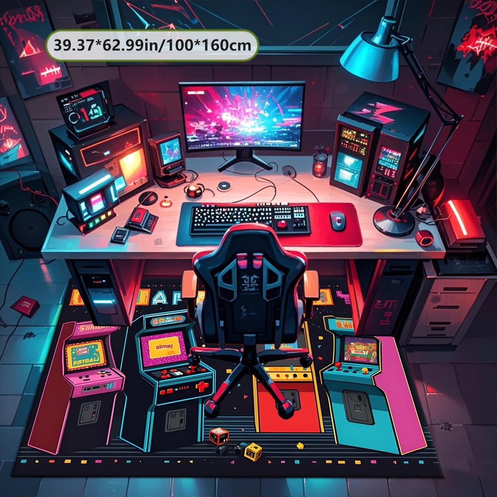 Яркий узор аркадной игры Коврик для зоны Полиэфирное волокно Нескользящая основа Машинная стирка Гостиная Спальня Офис