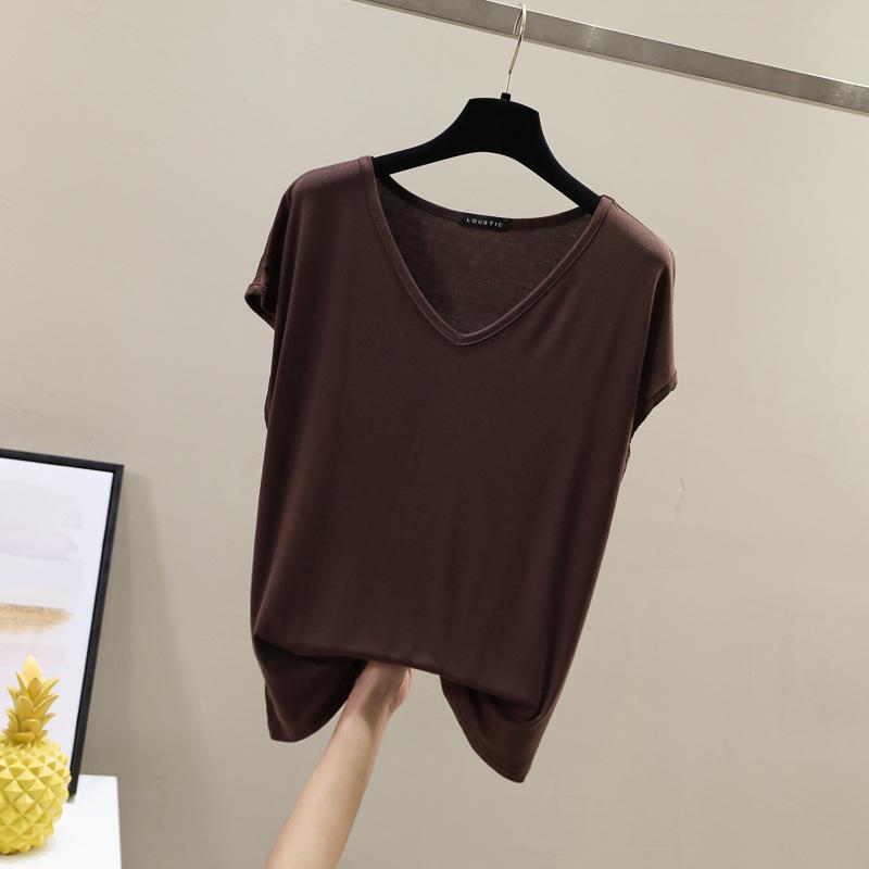 Solid V Neck Basic Tshirt Women Summer Modal Loose Tee Tops Casual Undershirt M To 2XL