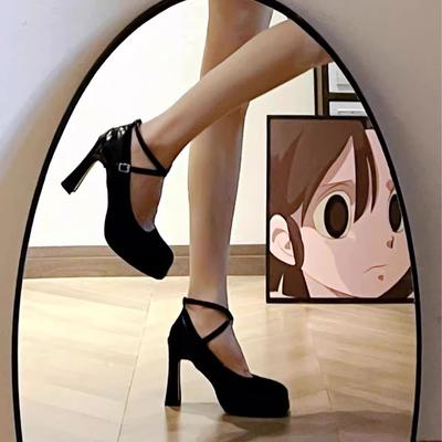 Темпераментные туфли на высоком каблуке женские туфли Мэри Джейн на толстом каблуке весна и осень 2024 новые женские туфли с перекрестным ремешком, квадратным носком и мелким вырезом