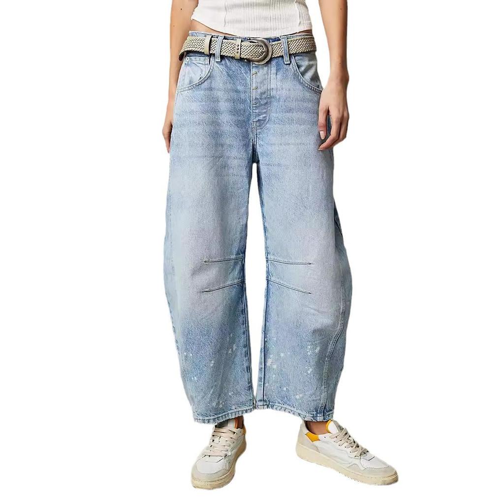 2024 Женские джинсы из выстиранного денима широкого кроя со средней/низкой посадкой