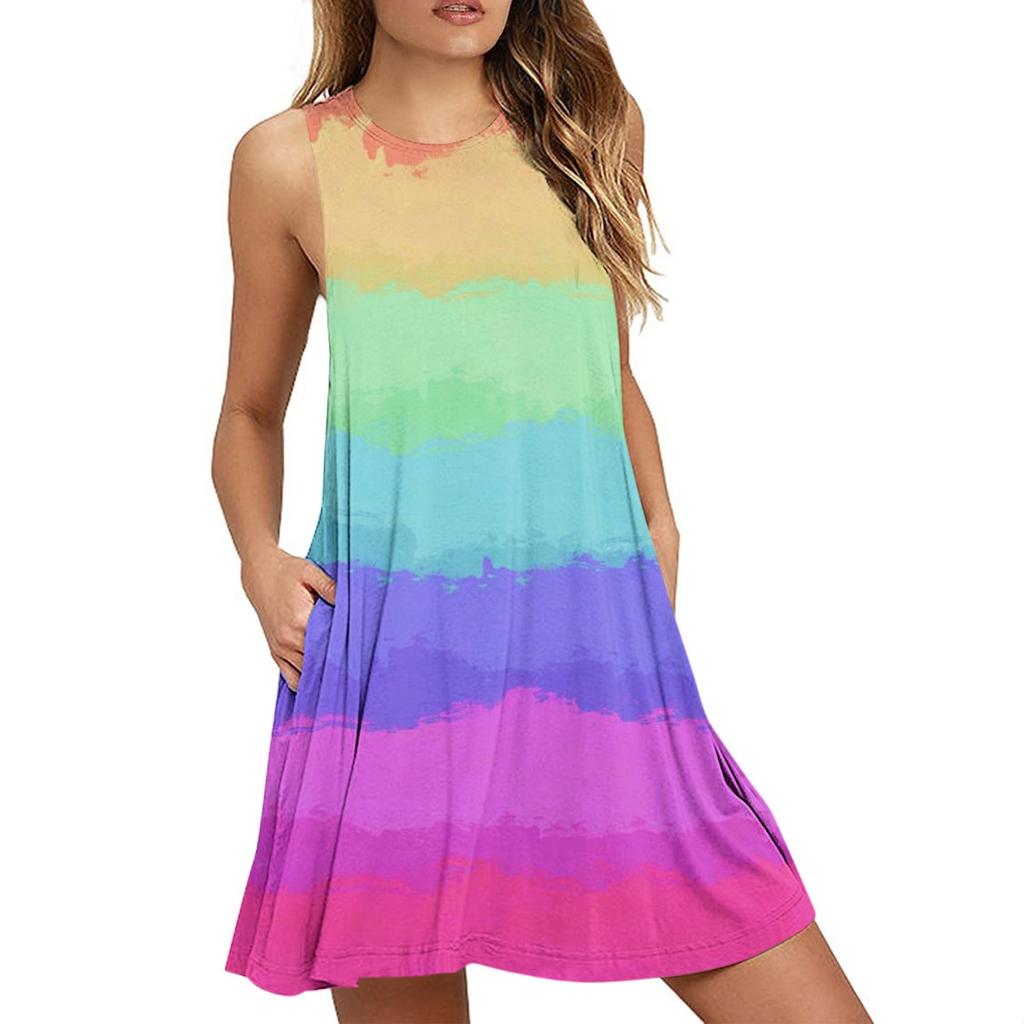 Women's Fashion Casual Round Neck Printed Sleeveless Sexy Pocket Dress