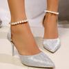 Мода Мода Жемчужная Пряжка Ремешок Туфли-лодочки для Женщин Летняя Вечеринка Блестящий Острый Носок Женские Туфли-лодочки Тонкие Каблуки Цепь Высокие Каблуки Женские