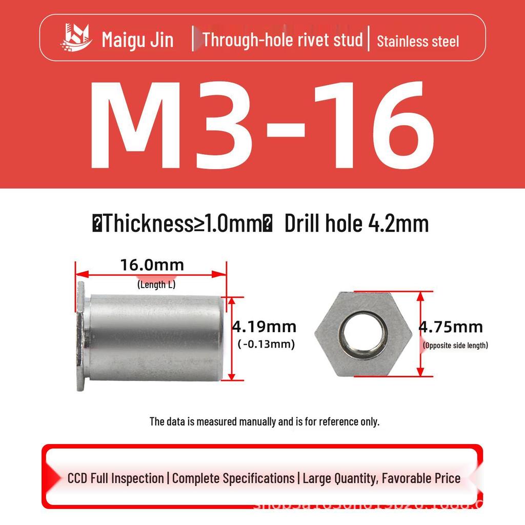 Нержавеющая сталь 304 SOS-M2/M2.5/M3/3.5M3 Заклепочная гайка-шпилька с плоской головкой и шестигранником