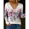 Women's T-Shirts Floral Graphic Plants V-Neck Long Sleeve T-shirts Elegant Trendy Tees Regular Tops Women's Pullover Fall Winter