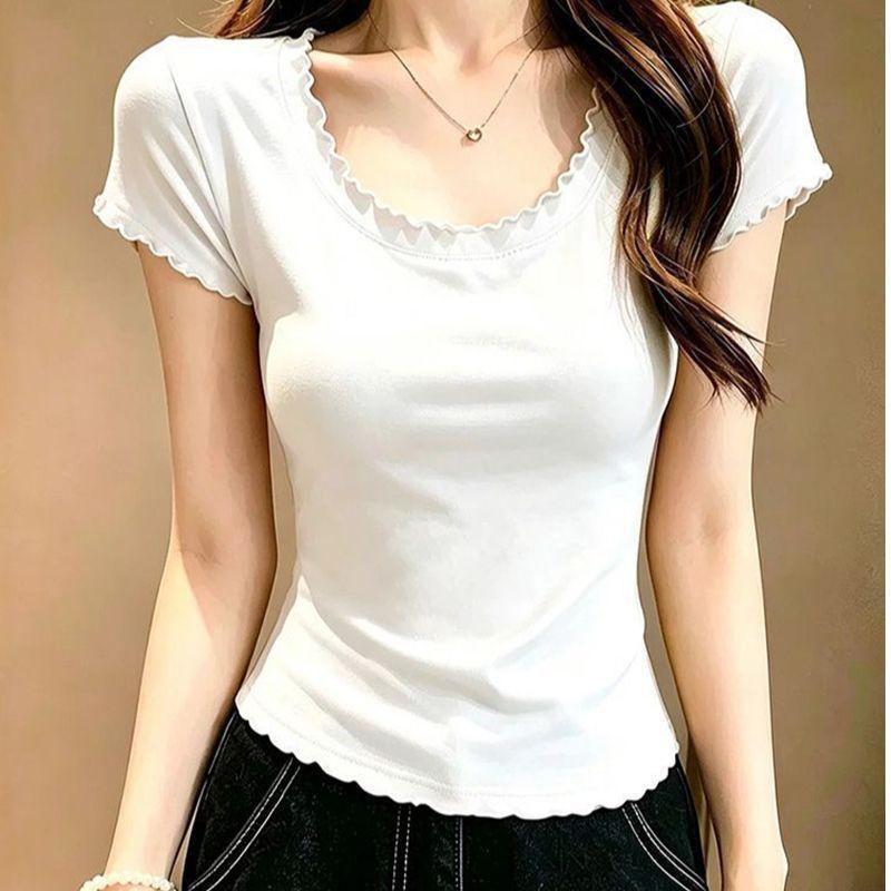 Summer small multi-color optional round neck short-sleeved fungus edge slim-fit bottoming shirt T-shirt women's foreign pullover