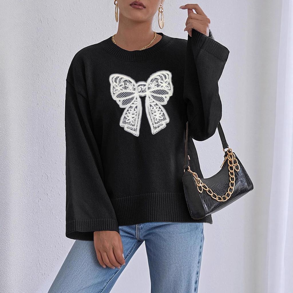 Three-dimensional Lace Bow Patchwork Autumn and Winter Loose, Comfortable and Casual Solid Color Long-sleeved Top with Round Neck