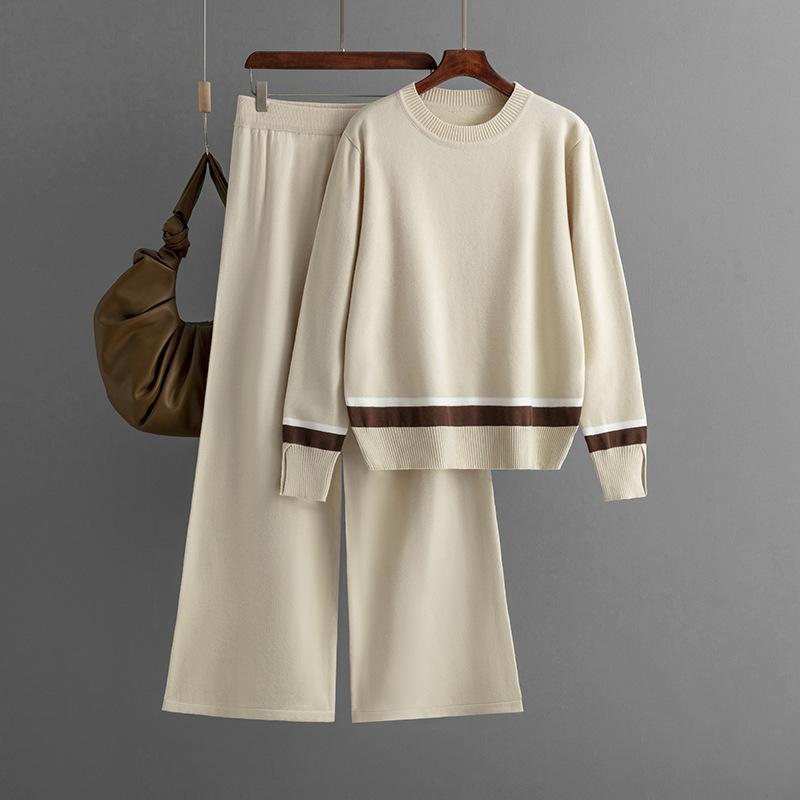 Женский осенне-зимний модный костюм большого размера, рубашка + брюки, повседневные брюки с круглым вырезом, длинными рукавами и разрезами, цветные повседневные брюки с высокой талией