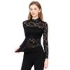 VOZZA Stretch Blouse with Long and a High Features a Power Net Long and a Stand Floral Tight and a Relaxed Women's All-Lace See-Through Embroidery,
