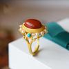Natural Hetian Jade Pearl Ring in Palace Style S925Pure silver and southern red agate large cabochon ring, ancient gold jewelry