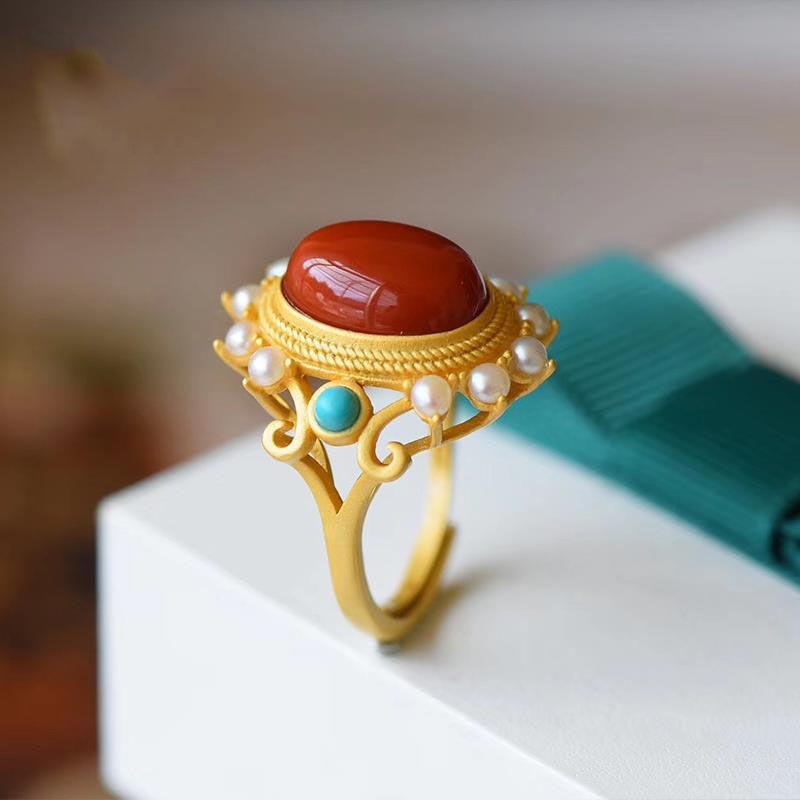 Natural Hetian Jade Pearl Ring in Palace Style S925Pure silver and southern red agate large cabochon ring, ancient gold jewelry