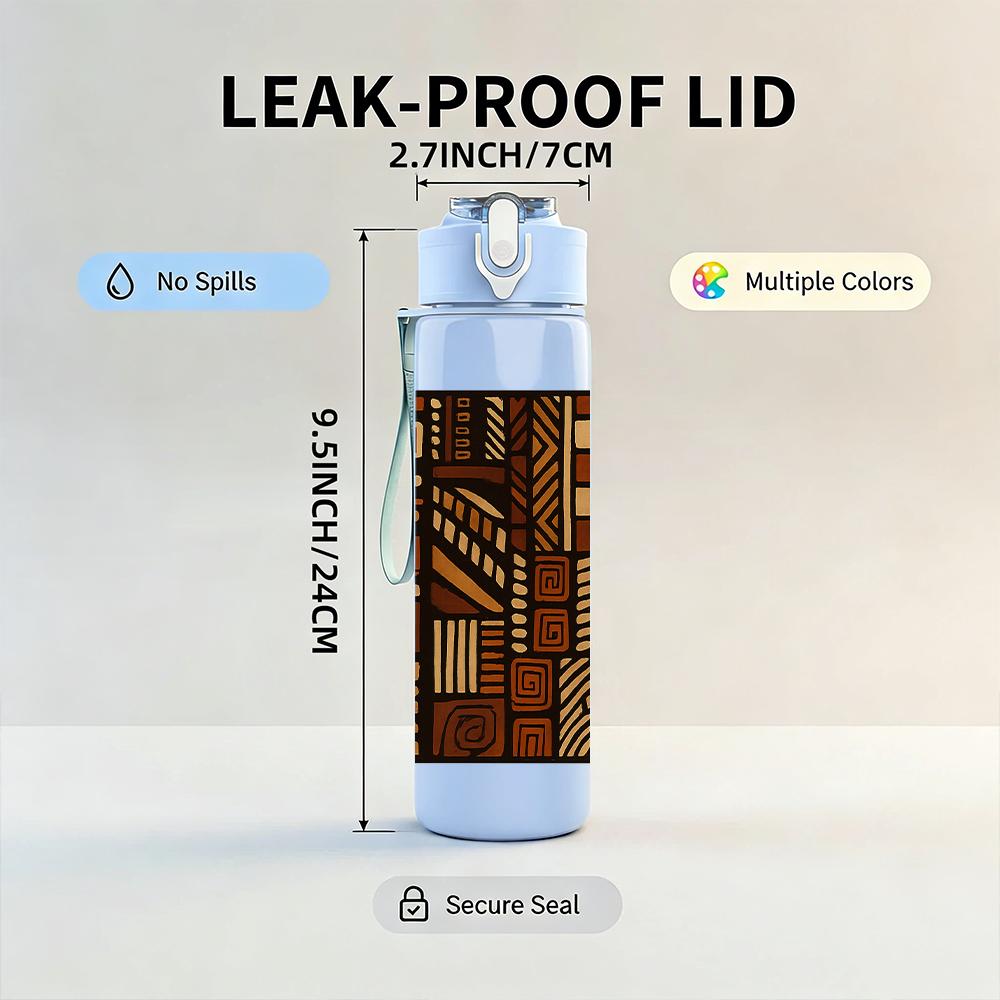 1PC Dark Wood Bookshelf Layout 750ml Color Plastic Sports Water Bottle Leakproof Flip Straw Lid For Sports Office Home Use