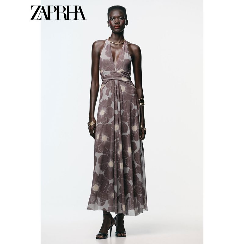 Zaprha 2025 Autumn New Pleat Print Hollow Silk Mesh Double Placket Hanging Collar Length Dress 5039145
