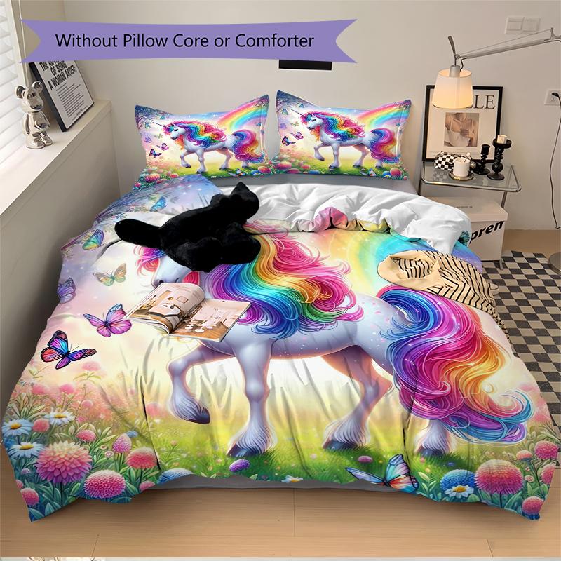 3Pcs Rainbow Unicorn Garden Bedding Set Quilt Cover Pillowcase Home Christmas Xmas Halloween Gift 1 Duvet Cover 2 Pillowcase M924450