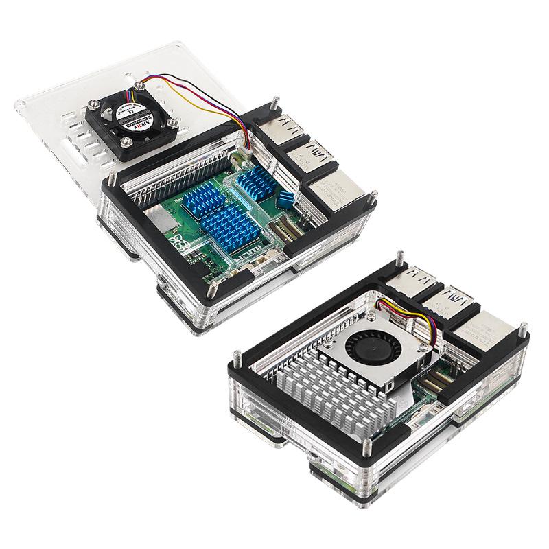 Корпус для Raspberry Pi 5: 9-слойный акриловый корпус со слотом для камеры, официальный радиатор, вентилятор с регулировкой скорости и медный радиатор