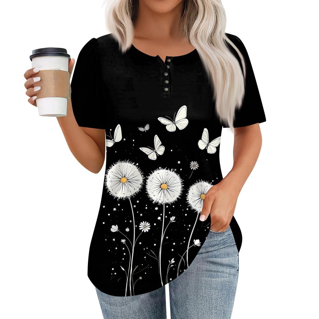 Женский модный повседневный короткий рукав пуловер с принтом на пуговицах и круглым вырезом